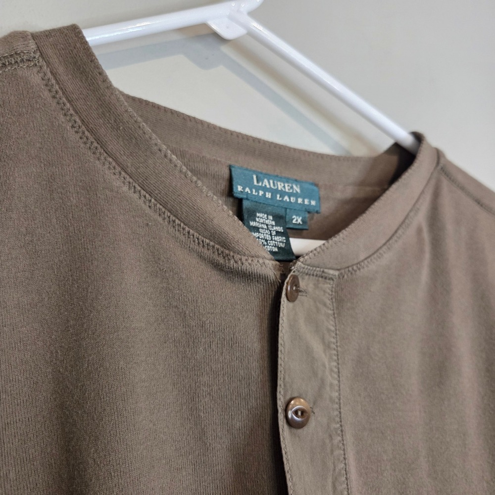 Lauren Ralph Lauren Henley Shirt Womens 2X Brown Short Sleeve Cotton Top Raw Hem